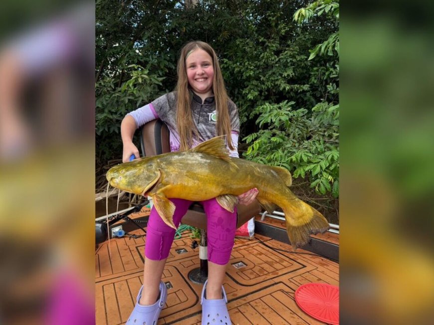 Menina de 11 anos vence 'briga' intensa e puxa jaú de 10 kg no Rio Dourados