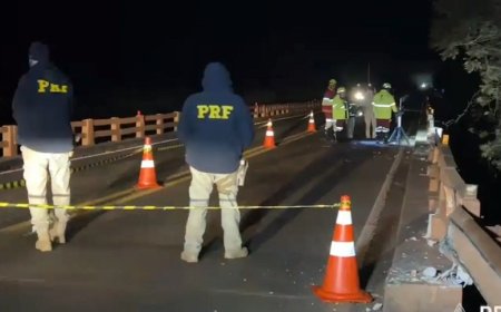 Caminhão rompe proteção de ponte e desaparece nas águas do Rio Vacaria na BR-163