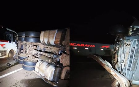 Acidente entre ônibus e caminhão com gado deixa feridos e bloqueia trânsito