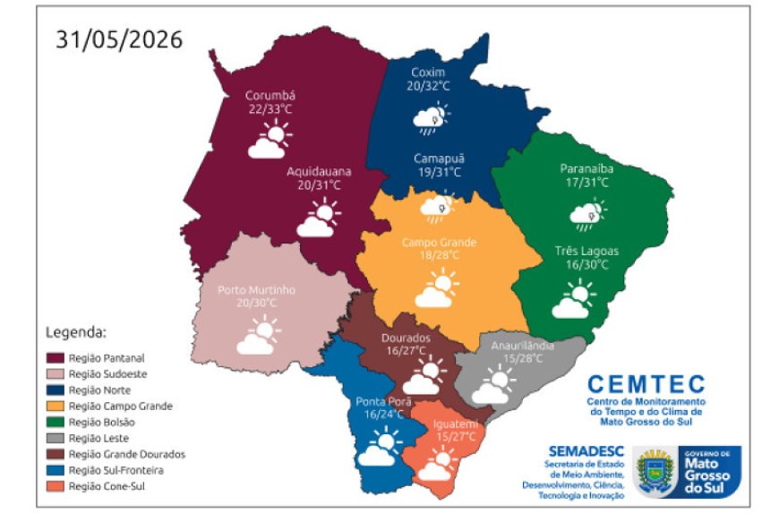 Frente fria muda o tempo em MS e traz previsão de chuva para grande parte do Estado